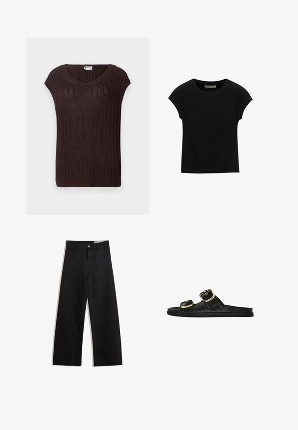 Rjava rebrasta pletena majica z V-izrezom in kratkimi rokavi. Ima teksturirano tkanino in ravno kroj na pasu. Oznaka blagovne znamke je vidna.; Črna kratka majica s kratkimi rokavi, narejena iz mehke tkanine, z okroglim izrezom in sproščenim krojem, z gladko teksturo in brez vzorcev.; Črne široke denim hlače z visokim pasom, ki imajo sprednje in zadnje žepe, šivane šive ter gumbasto zapiranje. Gladka tekstura.; Črne drsne sandale z dvema zlatima zaponkama, gladkega materiala, ravnim podplatom in minimalističnim dizajnom.