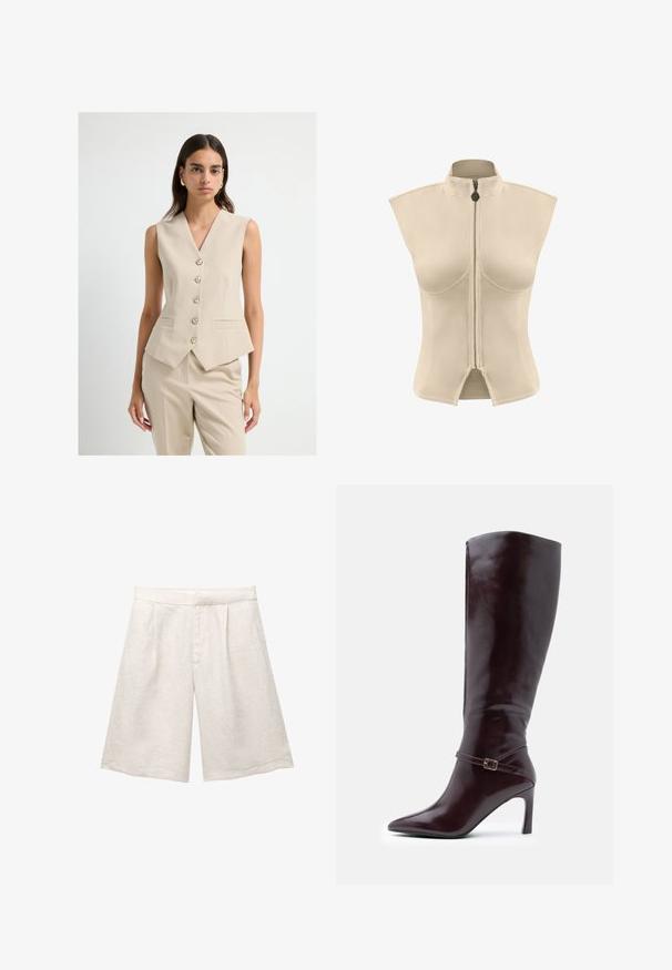 Beige ärmellose Blazer mit tiefem V-Ausschnitt, fünf Knöpfen vorne und zwei Seitentaschen; glattes Material mit taillierter Passform.; Beige ärmellose Jacke mit hohem Kragen und zentralem Reißverschluss. Glatter Stoff mit strukturierter Form und geschlitzt am Saum.; Beige Leinenbermudas mit weitem Bein, versehen mit Vorderfalten und glattem Bund. Der Stoff hat eine leicht strukturierte Oberfläche.; Braune Lederstiefel bis zum Knie mit spitzem Zeh, Stiletto-Absatz und einem dekorativen Riemen mit Schnalle um den Knöchel. Glatte Textur.