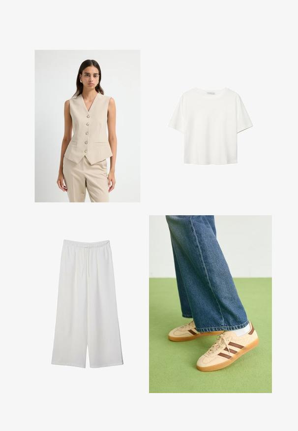 Beige ärmlös blazer med djup V-ringning, fem knappar fram och två sidofickor; slät tyg med skräddarsydd passform.; Vit t-shirt med kort ärm i bomull. Har en rundad halsringning och en avslappnad passform. Slät textur utan synliga mönster eller detaljer.; Vita vida byxor i lätt tyg med elastisk midja och dragsko för justerbar passform. Mjuk textur.; Beiga sneakers med strukturerade krämfärgade paneler och bruna ränder, i kombination med blå denimjeans. Jeansarna har vida ben och fransad fåll.