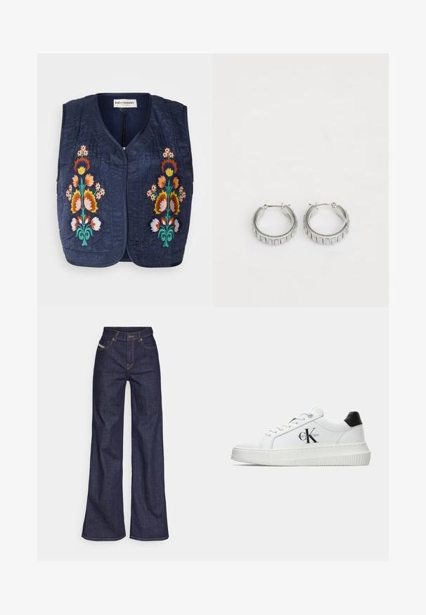 Merijan tikkikuvioinen liivi, jossa on kukka-ompelu oranssina, vaaleanpunaisena ja vihreänä. Ominaisuuksiin kuuluu pyöreä pääntie ja etuaukko kiristysnyörillä.; Tummansininen puuvillapaita lyhyillä hihoilla, jossa on pieni valkoinen "Calvin Klein" -logo keskellä etuosaa. Pyöreä pääntie, rento istuvuus.; Tummansiniset leveälahkeiset farkut denimmateriaalista, joissa on korkea vyötärö. Niissä on oranssit tikkaus, viisi taskua ja napitus.; Valkoiset matalat tennarit, joissa on musta kantapää, alustasolki, nauhat ja Calvin Kleinin "CK" logo sivuilla.; Hopeissa on tekstuuri, jossa on pystysuorat urat. Ympyrän muoto ja turvallinen lukko. Sileä pinta.