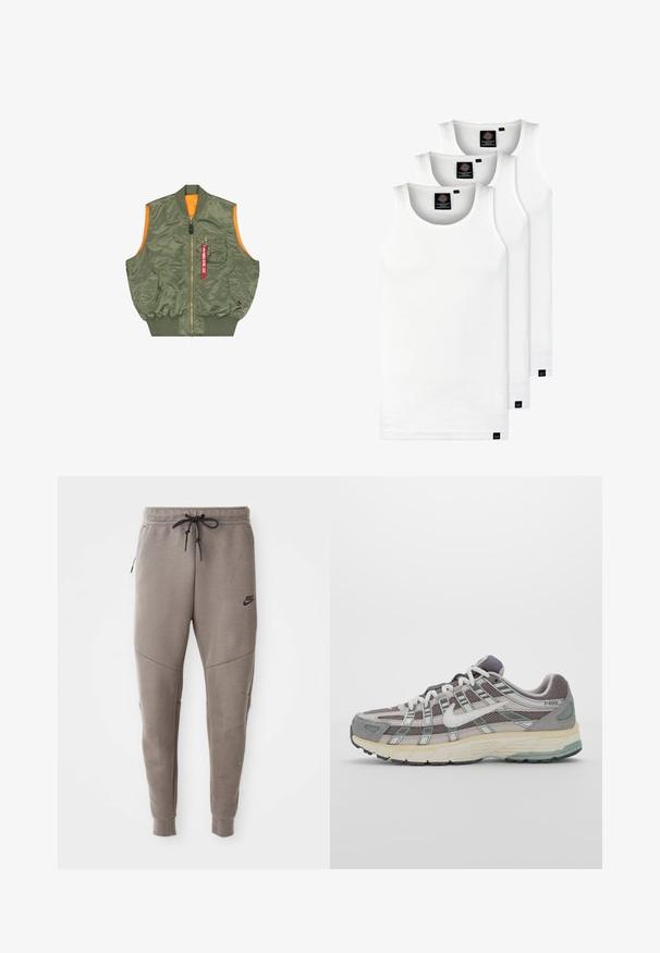 Bezrukávová bomberová vesta olivovej zelenej farby s predným zipsom, dvoma vreckami na cvoky, vreckom na zips na prsiach a červeným náveskom "Remove Before Flight".; Tri biele rebrované tielka vyrobené z bavlny. Majú okrúhly výstrih a malé čierne štítky pri leme. Dostupné v rôznych veľkostiach.; Sivé tepláky Nike s nastaviteľným pásom, zúženými nohavicami, bočnými vreckami a výrazným švom. Mäkká, textúrovaná látka.; Šedá športová obuv so zvrškom z nylonu a semišu, bielymi akcentmi, polstrovanou podrážkou a jedinečným dizajnom s reflexnými prvkami.