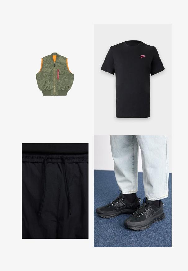 Colete bombazina sem mangas em verde-azeitona com fecho de correr à frente, dois bolsos com botão, bolso com fecho de correr no peito e etiqueta vermelha "Remover Antes do Voo".; T-shirt de algodão preto com decote redondo e mangas curtas. Apresenta um logótipo da Nike rosa no lado superior esquerdo. Textura suave.; Calções pretos com um cós elástico ajustável, fabricados em tecido leve com uma textura suave e um design simples, sem logótipos ou padrões visíveis.; Sapatilhas desportivas pretas com tecido texturizado e solas em borracha, apresentando atacadores elásticos e um detalhe azul no calcanhar. Usadas com calças de ganga claras.