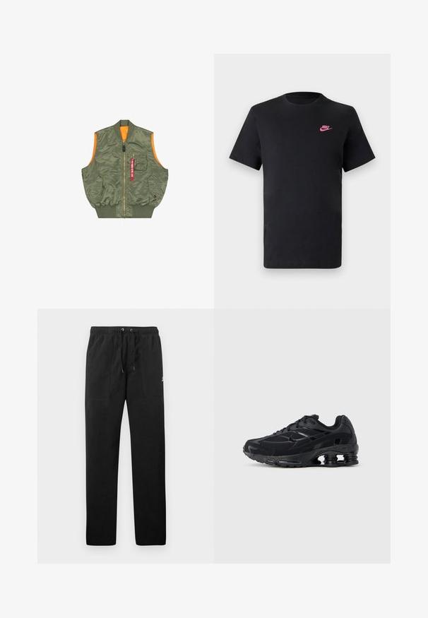 Mouwloze olijfgroene bomberjack-vest met voorrits, twee drukknoopzakken, borstzak met rits en rode "Remove Before Flight" tag.; Zwarte katoenen T-shirt met een ronde halslijn en korte mouwen. Bevat een roze Nike-logo aan de bovenkant aan de linkerzijde. Glad textuur.; Zwarte sweatpants van fleece, met een elastische tailleband met trekkoorden, twee voorzakken en een klein logo op de dij.; Zwarte sportieve schoen met een bovenwerk van mesh, een gevoerde kraag en opvallende dempingstechnologie bij de hiel. Heeft gestructureerde accenten en veters.