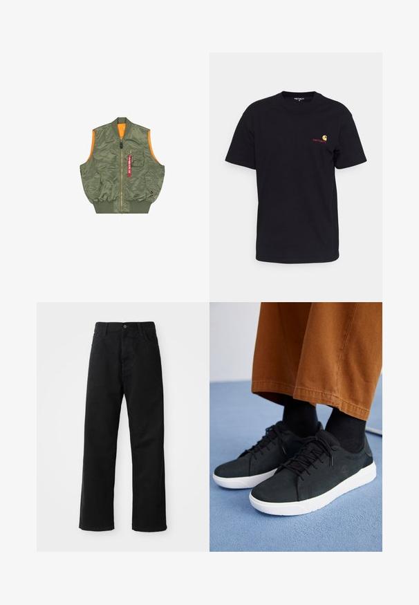 Ärmellose olivgrüne Bomberjacke in Form eines Weste mit Frontreißverschluss, zwei Druckknopftaschen, einer Brustreißverschlusstasche und einem roten "Remove Before Flight"-Tag.; Schwarzes Baumwoll-T-Shirt mit kurzen Ärmeln, rundem Halsausschnitt und kleinem bunten Logo auf der linken Brust. Klassischer Schnitt mit glatter Textur.; Schwarze Jeans mit geradem Schnitt, ausgestattet mit Fronttaschen, einem Reißverschluss und einem einzelnen oberen Knopf. Texturiert mit matter Oberfläche.; Schwarze Wildleder-Sneaker mit weißen Gummisohlen, mit Schnürdesign, strukturierten Akzenten und dezentem Branding, kombiniert mit braunen Hosen.