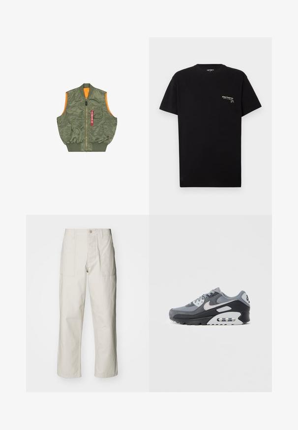 Ärmellose olivgrüne Bomberjacke in Form eines Weste mit Frontreißverschluss, zwei Druckknopftaschen, einer Brustreißverschlusstasche und einem roten "Remove Before Flight"-Tag.; Schwarzes Baumwoll-T-Shirt mit kurzen Ärmeln, rundem Ausschnitt und einem kleinen weißen Logo auf der linken Brustseite.; Helle beige weit geschnittene Hose aus Baumwolle. Verfügt über Fronttaschen und einen Knopfverschluss. Glatte Textur mit dezenten vertikalen Streifen.; Grauer Sneaker mit einer Mischung aus Mesh- und Wildledermaterialien, einer schwarzen Sohle und einer sichtbaren Luftkammer. Auffällige hellgraue Akzente und Schnürsenkel.