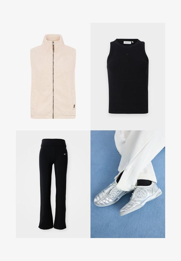 Cremfarbener Fleece-Weste mit hohem Kragen, Frontreißverschluss und seitlichen Taschen. Verfügt über eine weiche, strukturierte Oberfläche und braune Lederelemente.; Schwarzes, ärmelloses Tanktop aus geripptem Stoff, mit rundem Halsausschnitt und kleinem Logo auf der Vorderseite. Einfaches, figurschmeichelndes Design.; Schwarze Sporthose mit breitem Bund, aus einem glatten, dehnbaren Material gefertigt. Mit einem kleinen, weißen Nike-Logo auf der Hüfte.; Silberne Sportschuhe mit einer glatten, glänzenden Oberfläche, die ein genähtes Design und die Nummer 90 an der Seite aufweisen, kombiniert mit weißen Hosen.