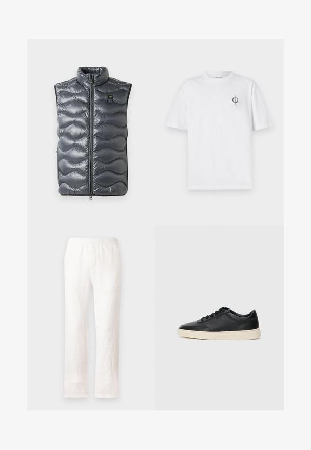 Szürke pufi mellény magas gallérral, cipzáros záródással és hullámmintás textúrával. A cipzár közelében kis logó található.; Fehér pamut póló laza szabással, kis fekete grafikai logóval a bal mellen. Rövid ujjak, kerek nyakkivágás.; Fehér len nadrág, rugalmas derékpánttal, egyenes lábbal és enyhén texturált anyagból. Nincsenek minták vagy további részletek.; Fekete, alacsony szárú bőrsneaker fekete fűzőkkel és törtfehér talppal, oldalnézetben, fehér háttér előtt.