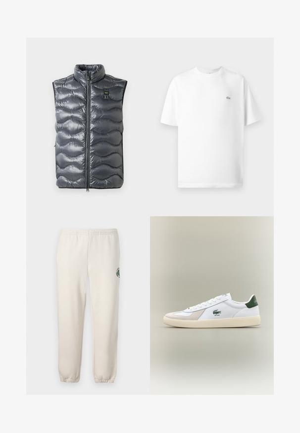Halli puffer vest kõrge kaelusega, millel on lukuga sulgemine ja lainemustriga tekstuur. Seal on väike logo luku lähedal.; Valge puuvillane T-särk ümmarguse kaeluse ja lühikeste varrukatega. Vasakul rinna küljes on väike must Lacoste'i logo.; Heledadbežased püksid, mis on valmistatud puuvillast, varustatud elastse vöökohtaga, soonikute lõpetustega ja vasakul jalal on roheline logo lehe kujundusega.; Valged sneaks roheliste aktsentidega, nahast ja sametmaterjalidest, ümmarguse varbaga, tekstuuriga välistallaga ning tikandiga logo külje ja keele peal.