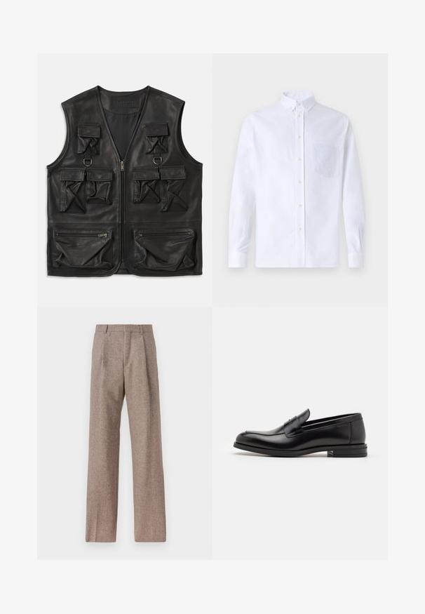 Juodas odinis liemenė su keliais kišenėmis su atvartais ir užtrauktuku, priekinis užtrauktuko uždarymas ir D formos žiedo detalės viršutinėje krūtinės dalyje.; Balta ilga rankovė mygtukų marškiniai, pagaminti iš medvilnės, su krūtine kišene ir toniniu siuvinėjimu, apykakle ir mygtukų apvadu.; Rudos, aukšto liemens kelnes, pagamintas iš tekstūruotos medžiagos. Plati kojos, dvi priekinės klostės struktūrai. Tvarkingas apdailos darbai, be matomų detalių.; Juodos odinės loafers, turinčios lygų paviršių, apvalią noselę ir dekoratyvinę juostą per priekinę dalį. Žemas krentantis kulnas, minimalistinis dizainas.