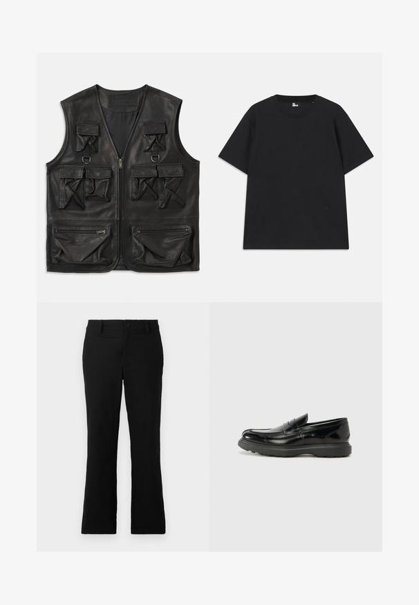 Crna kožna prsluk s višestrukim preklopnim i zatvaračkim džepovima, prednjim zatvaranjem na rajsferšlus i D-prstenom na gornjem dijelu prsa.; Crna kratkotrajna majica s kratkim rukavima od pamuka, s okruglim izrezom i malim logotipom blizu rubova. Glatka tekstura, klasičan kroj.; Crne trapezaste hlače od mješavine pamuka, sa kopčanjem na dugme, petljama za pojas i glatkom teksturom bez vidljivih uzoraka.; Crne kožne mokasine s sjajnom završnom obradom, okruglim vrhom, suptilnim detaljima šivanja i debelim gumenim đonom za izdržljivost.