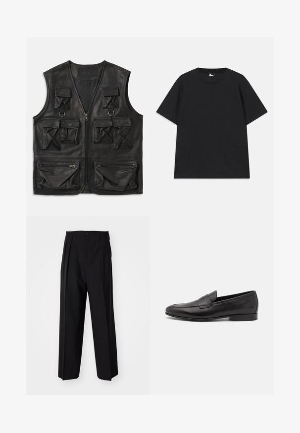 Černá kožená vesta s několika kapsami na klopě a na zip, přední zapínání na zip a D-kroužky na horní části hrudníku.; Černé tričko s krátkým rukávem z bavlny, s kulatým výstřihem a malým logem poblíž lemu. Hladká textura, běžný střih.; Černé skládací kalhoty s rovnými, širokými nohavicemi. Vyrobené z hladké tkaniny, se zapínáním na knoflík a poutky na opasek.; Černé kožené pánské mokasíny s nízkým podpatkem a klasickým designem se sponou, zobrazené v bočním profilu na bílém pozadí.