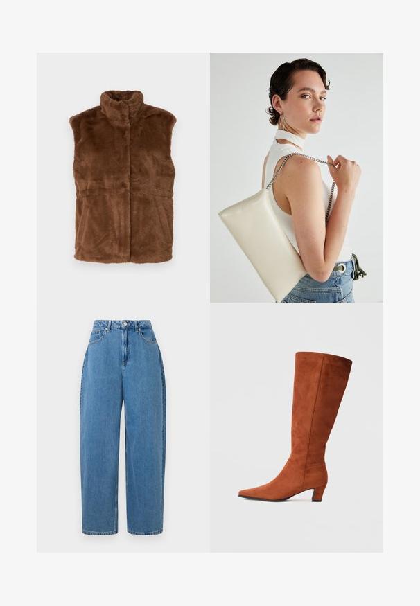 Colete de pêlo sintético castanho com colarinho alto, design sem mangas e uma textura suave. Apresenta um corte reto com um detalhe de costura subtil.; Suéter castanho tricotado com um decote alto, mangas longas e bufantes, e punhos canelados. Textura suave com uma silhueta ajustada.; Calças de ganga azul claro com um corte de perna reta, cintura alta e fecho de botão na parte da frente. Apresenta cinco bolsos e detalhes de costura mínimos.; Bota alta de camurça castanha com biqueira fina e um pequeno salto quadrado, apresentando uma textura suave e um design minimalista.; Bolsa de mão retangular branca, feita de material brilhante, com uma alça em corrente prateada. Modelo posa, exibindo a bolsa contra um fundo simples.