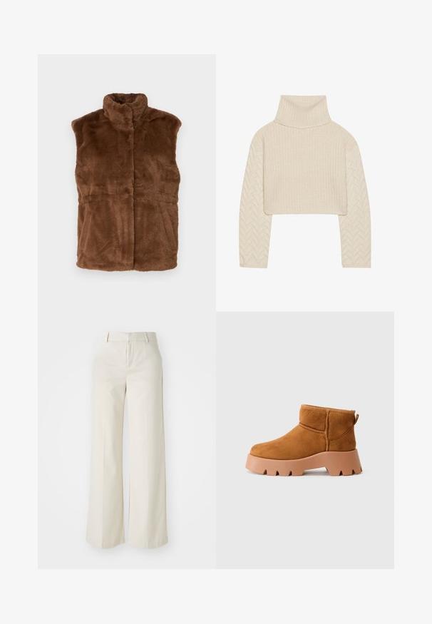Braune Kunstpelz-Weste mit hohem Kragen, ärmellosem Design und weicher Textur. Verfügt über einen geraden Schnitt mit dezenten Nahtdetails.; Cremefarbener, kurz geschnittener Pullover mit hohem Kragen, strukturiertem Strickkörper und Ärmeln im Fischgrätenmuster. Aus weichem Garnmaterial gefertigt.; Weite Hosen in einem hellbeigen Farbton, aus einem glatten Stoff gefertigt. Mit einem klassischen Bund und flachem Vorderteil, das klare Linien zeigt.; Helle Wildlederstiefeletten mit runder Spitze, einer strukturierten braunen Sohle und einer Zuglasche. Mit einer gesteppten Naht und einem klobigen Plateaudesign.