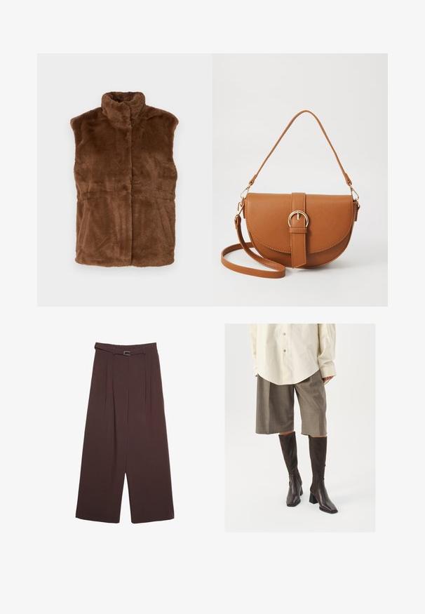 Hnědá faux kožešinová vesta s vysokým límcem, bez rukávů a měkkou strukturou. Má rovný střih s jemným švem.; Tmavě šedý top s krátkým rukávem a lodičkovým výstřihem. Vyrobený z ribovaného materiálu, s volnějším střihem a čistým lemem. Jednoduchý design, bez vzorů.; Stradivarius WIDE-LEG WITH BUCKLE DETAIL - Kalhoty - dark brown; Hnědé kozačky po kolena se čtveratou špičkou a širším podpatkem, kombinované s béžovou oversized košilí a hnědými kostkovanými culottes.; Hnědá kožená křížová taška s zakřiveným tvarem, zlatými detaily a akcentem s přezkou. Obsahuje odnímatelný popruh na rameno.