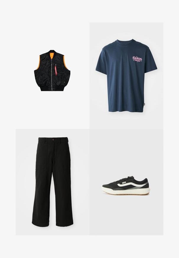 Črn bomberski jopič z oranžno notranjostjo, zadrgo, stranskimi žepi in majhnim žepom z rdečo oznako. Gladek, sijoč material.; Temno modra bombažna majica s kratkimi rokavi, ki na prsih nosi roza tiskano logo z besedilom "Dickies Quality Made Workwear." Standardni kroj.; Črne široke hlače iz mehkega blaga, ki imajo sprednje žepe in gumbasto zapiranje pri pasu. Minimalistična zasnova brez vidnih vzorcev.; Črne superge z belimi detajli, ki imajo gladek sintetični zgornji del, okroglo obliko in gumijast podplat, v kombinaciji s svetlobezžno hlačami.