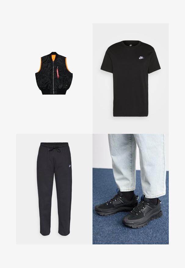 Colete bomber preto com interior laranja, fecho de correr, bolsos laterais e um pequeno bolso com detalhe de etiqueta vermelha. Tecido liso e brilhante.; T-shirt de algodão preto com mangas curtas, decote redondo e um pequeno logótipo da Nike em branco no canto superior esquerdo do peito. Textura suave. Ajuste clássico.; Calças de treino pretas feitas de tecido suave, com faixa elástica na cintura, cordão regulador e um pequeno logótipo da Nike na coxa esquerda.; Sapatilhas desportivas pretas com tecido texturizado e solas em borracha, apresentando atacadores elásticos e um detalhe azul no calcanhar. Usadas com calças de ganga claras.