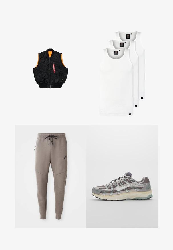 Schwarze Bomberweste mit orangefarbenem Innenfutter, Reißverschluss, seitlichen Taschen und einer kleinen Tasche mit rotem Tag-Detail. Glattes, glänzendes Material.; Drei weiße, gerippte Tanktops aus Baumwolle. Merkmale einen Rundhalsausschnitt und kleine schwarze Etiketten am Saum. In mehreren Größen erhältlich.; Graue Nike-Sweatpants mit einem Kordelzugbund, schmal zulaufenden Beinen, seitlichen Taschen und auffälliger Nahtgestaltung. Weicher, strukturiert Stoff.; Grauer Sportschuh mit einem Obermaterial aus Mesh und Wildleder, weißen Akzenten, einer gepolsterten Sohle und einem charakteristischen Design mit reflektierenden Elementen.