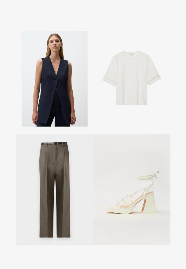 Marineblauw mouwloos vest met een diepe V-hals, een enkele knoopsluiting, getailleerde pasvorm en een gladde stof. Eenvoudig en modern ontwerp.; Witte korte mouwen t-shirt van katoen, met een decoratieve kantafwerking langs de mouwen en een ronde halslijn.; Bruine op maat gemaakte broeken met een rechte snit, met een gladde textuur, riemlussen en een platte voorkant.; Witte hoge hakken sandaal met een chunky hak, met een bandjesontwerp en enkelband. Gladde textuur met een plateau voor extra hoogte.