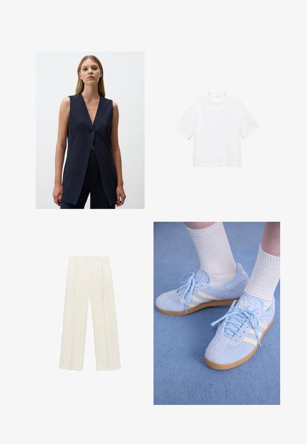 Marineblauw mouwloos vest met een diepe V-hals, een enkele knoopsluiting, getailleerde pasvorm en een gladde stof. Eenvoudig en modern ontwerp.; Witte katoenen t-shirt met korte mouwen en een ronde hals. Eenvoudig ontwerp, losse pasvorm, gladde textuur. Geen patronen of accenten zichtbaar.; Wijdgevallen broeken in een lichtcrème kleur. Gemaakt van een zachte stof met plooien aan de voorkant en zijzakken.; Lichtblauwe suède sneakers met witte strepen, platte veters en een gumrubberen zool. Geribbelde witte sokken worden boven de enkel gedragen.