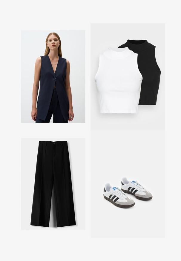 Marineblauw mouwloos vest met een diepe V-hals, een enkele knoopsluiting, getailleerde pasvorm en een gladde stof. Eenvoudig en modern ontwerp.; Twee mouwloze ribgebreide coltruien in zwart en wit, met een slim fit ontwerp en een gladde textuur, met een cropped lengte.; Zwarte wijde broek van lichtgewicht stof, met een knoopsluiting aan de voorkant en een vlakke achterkant, afgewerkt met keurig gestikte zoom.; Sportschoenen met een witte leren bovenkant, grijze suède neus en drie zwarte strepen. Bevat een blauw logo op de tong en een gestructureerde rubberen zool.