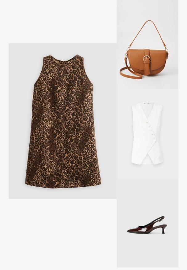 Top branco sem mangas com um design em envoltório, apresentando um decote em V profundo e cinco botões na frente. Feito de um tecido leve com uma textura suave.; Vestido sem mangas com padrão de leopardo, apresentando um decote redondo, uma silhueta A-fluida e uma textura suave com tons de castanho e bege.; Sapato slingback em pele sintética castanha com bico pontiagudo e salto moderado. Apresenta uma fivela para um ajuste seguro. Textura suave.; Bolsa transversal de couro castanho com um formato curvado, ferragens douradas e um detalhe de fivela. Inclui uma alça de ombro destacável.