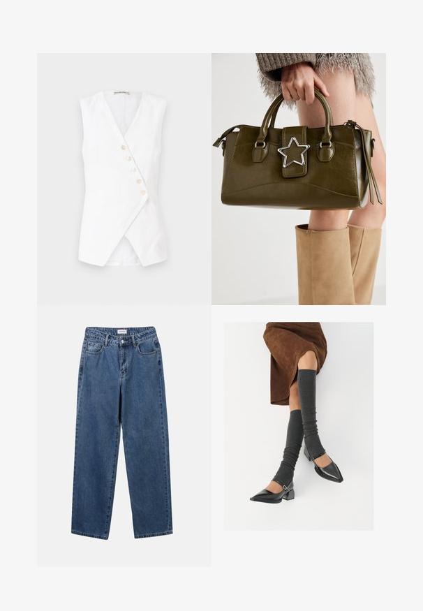 Fehér, ujjatlan felső, keresztbe kötött dizájnnal, mély V-nyakú és öt elülső gombbal. Könnyű anyagból készült, sima textúrával.; Puha kötött pulóver vízszintes bolyhos csíkokkal, rózsaszín, lila és világosszürke árnyalatokban, kerek nyakkivágással és hosszú ujjakra tervezve.; Klasszikus kék farmernadrág egyenes szárú dizájnal, öt zsebbel és gombos zárással. Közepes mosású és strapabíró textúrával rendelkezik.; Fekete lakk bőrből készült, hegyes orrú cipők, tömbsarkúakkal és bokapánttal, szürke bordás lábszármelegítőkkel és barna velúr szoknyával párosítva.; Olívazöld műbőr kézitáska ezüst csillag díszítéssel, dupla fogantyúval és cipzáros zárással. Texturált felület és formázott alak.