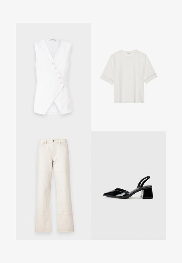 Bela brezrokavna majica z zavitim dizajnom, z globokim V-izrezom in petimi sprednjimi gumbi. Narejena iz lahkotnega materiala z gladko teksturo.; Bela kratka majica s kratkimi rokavi iz bombaža, okrašena z dekorativnim čipkastim robom ob rokavih in okroglo izrezom.; Široke, visoko pasne kavbojke iz bež denim tkanine. Imajo žepe, sprednje zapiranje na gumb in kontrastne šive ob šivih.; Črne lakirane slingback pete s koničastim nosom in geometrijsko blokasto peto. Imajo eleganten, minimalističen dizajn in gladko teksturo.