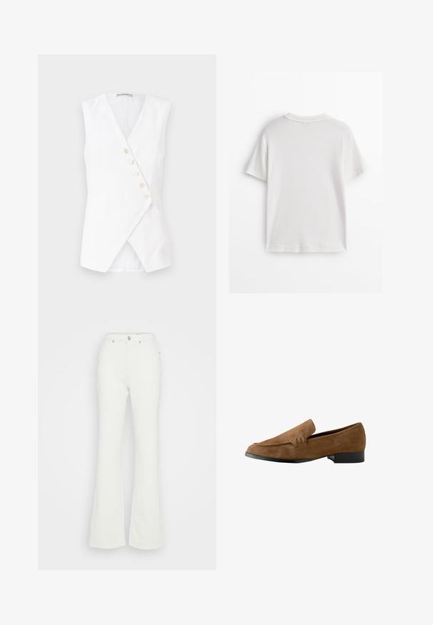 Haut sans manches blanc avec un design enroulé, présentant un décolleté en V profond et cinq boutons à l'avant. Conçu en tissu léger avec une texture lisse.; T-shirt en coton blanc à manches courtes, col rond et texture lisse. Le dos est uni, sans motifs ni designs supplémentaires.; Jean évasés blancs en denim de coton, avec une taille haute, une fermeture à boutons et quatre poches, offrant une texture lisse.; Mocassins en suedine marron avec un léger talon, une texture lisse, des détails de couture à l'avant et une forme de bout arrondi.