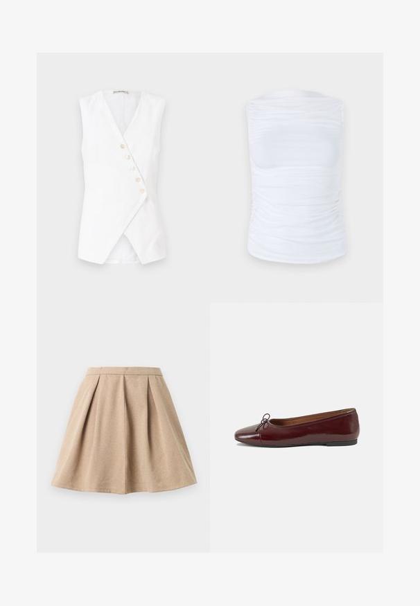 Haut sans manches blanc avec un design enroulé, présentant un décolleté en V profond et cinq boutons à l'avant. Conçu en tissu léger avec une texture lisse.; Top sans manches blanc en tissu lisse et extensible avec des détails froncés sur les côtés, présentant un col rond et une silhouette cintrée.; Jupe plissée beige en tissu texturé, avec une taille ajustée et un design évasé qui arrive au milieu de la cuisse.; Ballerines en cuir verni bordeaux avec un bout rond, un petit nœud décoratif à l'avant et une semelle en caoutchouc noire basse. Texture lisse.