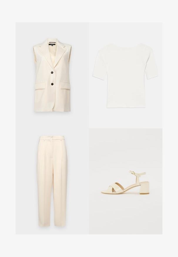 Hihaton kerma blazer, jossa on viistekaulus, kaksi etutaskua ja kaksinkertaiset mustat napit. Silkkinen tekstuuri ja jämäkkä istuvuus.; Valkoinen ribbattu lyhythihainen paita, jossa on leveä pääntie. Tekstuurissa on pystysuoria raitoja, jotka korostavat tiukkaa istuvuutta ja yksinkertaista muotoilua.; Beige housut, jotka on muotoiltu suoraan, edessä on laskoksia, sileä pinta ja keskikorkea vyötärö. Ei näkyviä taskuja.; Beige patento nahkapohjalliset korkokengät ristiin menevällä hihnalla, avonaisella varpaalla, säädettävällä nilkkahihnalla ja lohkarekorolla. Sujuva pinta.
