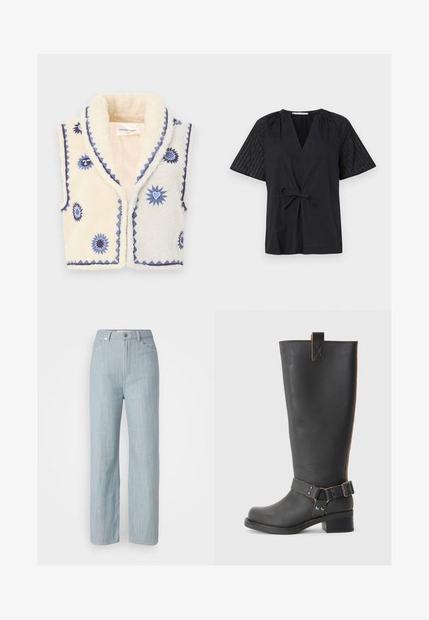 Kremast umetno krzno brezrokavnik z modrim cvetličnim vezenjem, izrezanim ovratnikom in kontrastnim obrobljanjem. Mehka tekstura, odprt sprednji del in teksturiran vzorec.; Črna majica z V-izrezom, kratkimi rokavi in pasom na zavezovanje. Ima strukturirano, vzorčasto blago na rokavih in gladek del na telesu.; Svijetloplave traperice ravnog kroja. Imaju pet džepova, metalno kopčanje na dugme i suptilno izbjeljivanje za teksturu.; Črne usnjene škornje do kolen z teksturirano obdelavo, ki imajo stranski sponko in nizko peto. Podrobno šivanje po šivih.