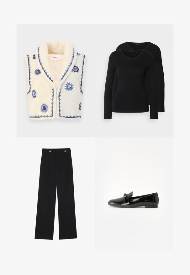 Kremasti lažni krzneni prsluk s plavim cvjetnim vezom, oštrim ovratnikom i kontrastnim rubovima. Mekana tekstura, otvoreni dizajn sprijeda i teksturirani uzorak.; Dva crna majice dugih rukava s V-izrezom, izrađene od mekanog, rastezljivog materijala, s glatkom teksturom i prilagođenim oblikom.; Crne hlače širokih nogavica s visokim strukom, s dugmadi na pojasu i prednjim nabora.; Crni lakirani loafer s ravnim potplatom, zaobljenim prstom i ukrasnom trakom s zlatnim akcentom. Glatka, sjajna površina.