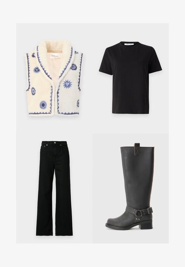 Kreminės dirbtinės pūkinės liemenės su mėlynais gėlių siuvinėjimais, išpjautu apykakle ir kontrastinga apdaila. Minkšta tekstūra, atviras dizainas ir tekstūruotas raštas.; Juodas trumpas rankovės marškinėliai, pagaminti iš minkštos medvilnės, su apvaliu iškirpimu, laisvu pritaikymu ir lygiu paviršiumi. Nėra matomų raštų ar grafikos.; Juodos džinsinės kelnės su aukštu liemeniu, plačiomis kojomis, su priekiu užsegamomis mygtuku ir užtrauktuku, bei klasikinio penkių kišenių dizainu.; Juodų odinių iki kelių botų su tekstūruotu paviršiumi, šonuose su sagtimi ir žemu kulnu. Išsamus siuvinėjimas palei siūles.