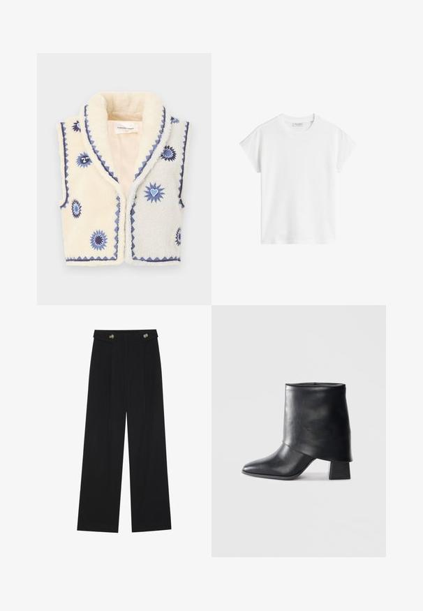 Kremfarget faux fur vest med blå blomsterbroderi, notched krage og kontrasterende kant. Myk tekstur, åpen frontdesign og et strukturert mønster.; Hvit kortermet t-skjorte laget av bomull. Har en avslappet passform med rund halslinning og lett senkede skuldersømmer. Ingen mønstre eller detaljer.; Svart vide bukser med høy midje, knappdetaljer på midjebåndet og frontplisser.; Sorte lær ankle boot med spiss tå, glatt tekstur og en strukturert blokkhæl. Har et høyt, brettet mansjett-design.