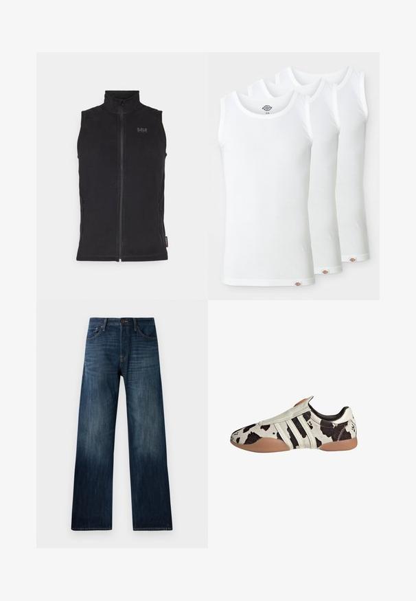 Crni bezrukavnik od mekog materijala, s visokim okovratnikom, prednjim patentnim zatvaračem i dva bočna džepa sa patentnim zatvaračem. Prikazan na bijeloj pozadini.; Tri bijele majice bez rukava od rebrastog pamuka. Svaka ima okrugli izrez i mali logotip na rubu. Klasičan, jednostavan dizajn.; Tamno plave traperice ravnog kroja, s laganom teksturom, petljama za remen i klasičnim dizajnom s pet džepova.; Cipele od kože s bijelo-crnim uzorkom i teksturiranim završetkom, s tri bijele horizontalne pruge i smešnim gumenim potplatom.