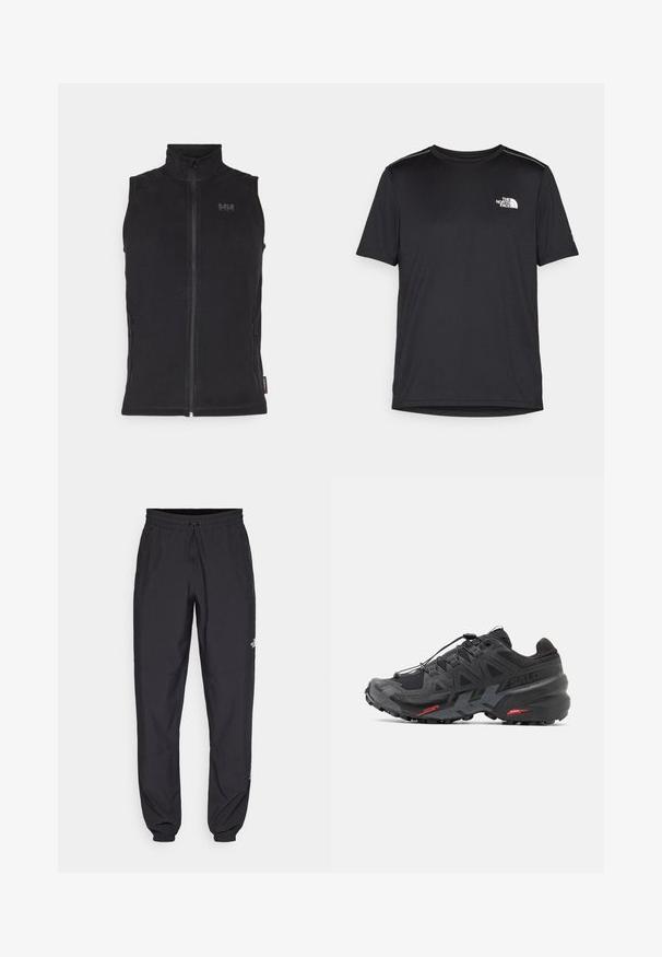 Must mustata seljata vest, mis on valmistatud pehmest kangast, millel on kõrge krae, esi tõmblukk ja kaks külgmist tõmblukuga taskut. Esitatud valge tausta ees.; Must mustaöödiga must T-särk, mis on valmistatud kerge riidekanga. Esiküljel on vasakul rinnal väike valge logo ning õlgadel on peened aktsendid.; Mustavad sportlikud püksid, mis on valmistatud kergest kangast, joonlauaga taljest, küljetaskudega ja kitsenevate varrukatega pahkluude juures.; Mustad mustus jooksujalats sünteetilisest ülemisest, tekstuurse disaini ja kontrastsete punaste aktsentidega. Omab kinnitatud nöörisüsteemi ja karmist alaosa.