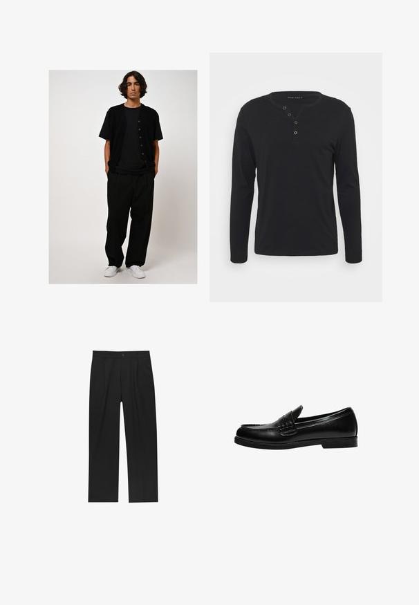 Mustat lyhythihaiset neuletakki ruskeilla napilla mustan t-paidan päällä, yhdistettynä löysiin mustiin housuihin ja valkoisiin tennareihin. Suuri ja sileä kangas.; Musta pitkähihaisen henley-paita, joka on valmistettu pehmeästä kankaasta. Paita sisältää napitettavan aukon, pyöreän pääntien ja istuvat hihat.; Mustat housut suoranlahkeisella muotoilulla, valmistettu sileästä kankaasta. Ominaisuuksiin kuuluu etupleateet ja yksi nappikiinnitys vyötäröllä.; Musta nahka loaferi, jossa on sileä pinta, ja joka sisältää ommeltuja yksityiskohtia vampissa sekä matalan, kiinteän mustan kumipohjan.