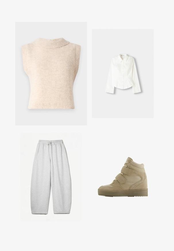 Bež, bez rukava, pleteni pulover s visokim rebrastim ovratnikom i mekim teksturom. Ima stražnje zatvaranje i prilagođen oblik.; Bijela košulja s dugim rukavima, koja ima klasičan ovratnik, strukturiran kroj i suptilne vertikalne šavove za dodatne detalje.; Svijetlosivi dukserica s opuštenim krojem, elastičnim pojasom, vezicom i bočnim džepovima; izrađeni od mekanog, teksturiranog materijala.; Bež visoke tenisice s dizajnom od antilopa i mrežaste tkanine, podesivim čičak trakama i debelim gumenim podplatima s uzorkom u obliku cik-caka.