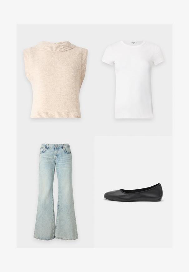 Beige, hihaton neulepusero, jossa on korkea ribbikaulus ja pehmeä rakenne. Mukana takakiinnitys ja napakka muoto.; Valkoinen ribattu lyhythihainen T-paita pyöreällä kaula-aukolla. Kangas näyttää sileältä ja istuvalta. Brändilogo näkyvissä kauluksessa.; Vaaleansiniset leveälahkeiset farkut, jotka on valmistettu denimistä, ja joissa on korkea vyötärö, taskut ja hapsutetut helmukset. Kankaan voimakkaasti haalistuneessa pesussa on hienovarainen tekstuuri.; Musta nahkainen ballerina, jossa on pyöristetty kärki, sileä pinta, minimaalinen ommelkoristelu ja joustava pohjamuotoilu.