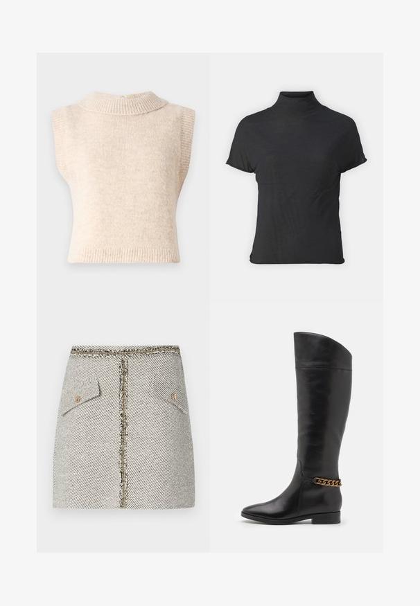 Beige, sleeveless knitted sweater with a high ribbed collar and a soft texture. Features a back closure and a fitted shape.; Black short-sleeve turtleneck top made of lightweight fabric with a smooth texture and a fitted shape, featuring a high neckline.; Woven tweed skirt in white and black herringbone pattern, features two front pockets and a gold-tone zipper at the back with frayed edges.; Tall black leather boots with a sleek design, pointed toe, and a gold chain accent at the ankle. Low block heel. Smooth texture.