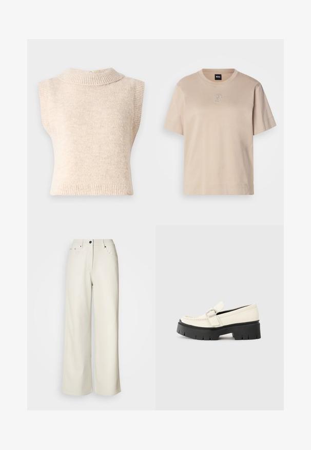 Pulover kaki, fără mâneci, din tricot cu o guler înalt cu nervuri și o textură moale. Dispune de o închidere la spate și o formă ajustată.; Tricou scurt din bumbac bej, cu mânecă scurtă, guler rotund și un mic logo brodat suprapus cu litera "B" în mijlocul frontului.; Pantaloni largi crem dintr-o țesătură netedă. Prezentând o talie medie, închidere cu fermoar și două buzunare frontale cu accente de metal negru.; Lofer alb din piele, cu o talpă platformă masivă neagră, având o cataramă rectangulară din argint și detalii vizibile de cusătură pe partea superioară.