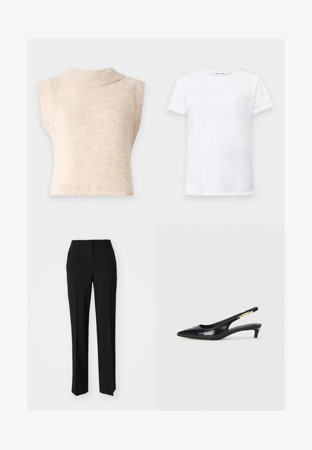 Beige, ermeløs strikket genser med høy ribbestrikket krage og myk tekstur. Har lukking bak og en figursydd passform.; Hvit kortermet t-skjorte laget av bomull med rund hals-design. Glatt tekstur og rett snitt, uten mønstre eller detaljer.; Sorte skreddersydde bukser med rett silhuett, med en glatt tekstur og klare pressede bretter foran. Ingen synlig maskinvare.; Sorte lærreim hæler med spiss tå, som har en slank hæl og en gullfarget detalj på den justerbare stroppen. Glatt tekstur.