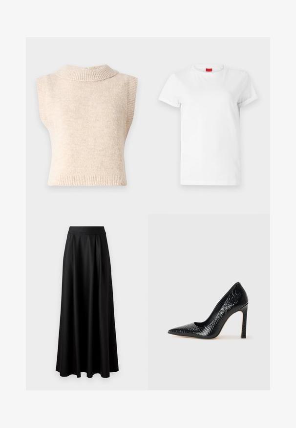 Béžový, bezrukávový pletený svetr s vysokým žebrovaným lemem a jemnou strukturou. Obsahuje zadní zapínání a přiléhavý střih.; Bílý tričko s krátkým rukávem vyrobené z lehké bavlny. Má kulatý výstřih a ohrnuté rukávy. Červená nášivka s logem na límci.; Černá sukně až na podlahu s hladkou strukturou, širokým pasem a sklady, bez viditelných vzorů nebo ozdob.; Černý lodičkový bot s špičatou špičkou, pokrytý texturou krokodýlí kůže, s elegantním designem, vysokým stiletto podpatkem a hladkým černým interiérem.