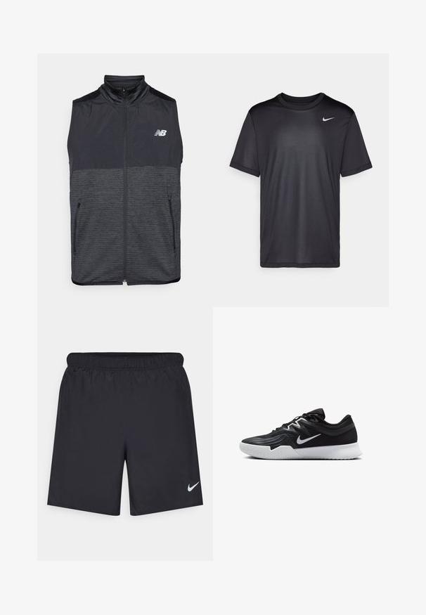 Černá a tmavě šedá bezrukávová vesta na zip s vysokým límcem, dvěma kapsami na zip a bílým logem New Balance na levé hrudi.; Černé sportovní tričko s krátkým rukávem, kulatým výstřihem, vyrobené z hladkého materiálu. Vyznačuje se malým bílým logem Nike na levém horním kusu.; Černé sportovní šortky vyrobené z lehkého materiálu s elastickým pasem. Na spodní levé straně mají malé bílé logo Nike.; Černá atletická bota s texturovaným svrškem, bílým logem Nike a bílou gumovou podrážkou. Disponuje šněrovacím designem a dynamickým tvarem.