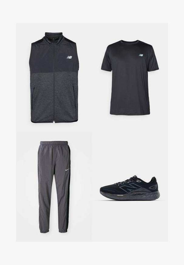 Černá a tmavě šedá bezrukávová vesta na zip s vysokým límcem, dvěma kapsami na zip a bílým logem New Balance na levé hrudi.; New Balance Sportovní tričko - black; Nike teplákové kalhoty, vyrobené z lehkého materiálu, tmavě šedé barvy s černými postranními panely. Mají elastický pas a reflexní logo.; Pánské běžecké boty v černé síťovině s tlustou šedou podešví, kulatou texturou a reflexními prvky. Na boční straně se nachází logo "New Balance".