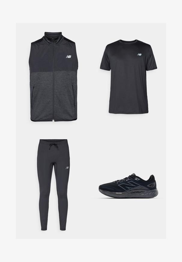 Gilet sans manches noir et gris foncé avec col montant, deux poches zippées et logo blanc New Balance sur la poitrine gauche.; New Balance T-shirt de sport - black; Leggings de sport noirs en tissu extensible. Dotés d'une taille avec cordon de serrage et d'un petit logo réfléchissant sur la cuisse droite.; Baskets de running pour hommes en mesh noir avec une épaisse semelle grise, texture circulaire et accents réfléchissants. Présente le logo "New Balance" sur le côté.