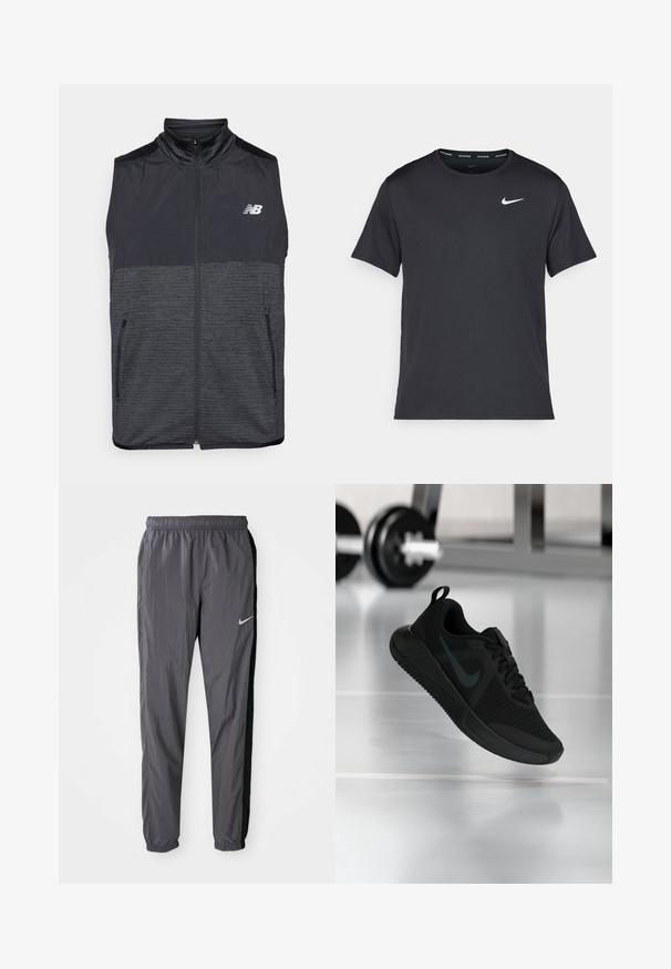 Čierna a tmavošedá bezrukávová vesta na zips so stojačikom, dvoma vreckami na zips a bielym logom New Balance na ľavej hrudi.; Čierne bežecké tričko Nike vyrobené z ľahkého a priedušného materiálu, s krátkymi rukávmi a malým bielym logom na hrudi.; Nike teplákové nohavice, vyrobené z ľahkého materiálu, v tmavosivej farbe s čiernymi bočnými panelmi. Majú elastický pás a reflexné logo.; Čierna atletická obuv s textúrovaným sieťovým vrchom, gumovou podrážkou a výrazným tmavým logom Swoosh. Má polstrovaný golier a šnurovací dizajn.