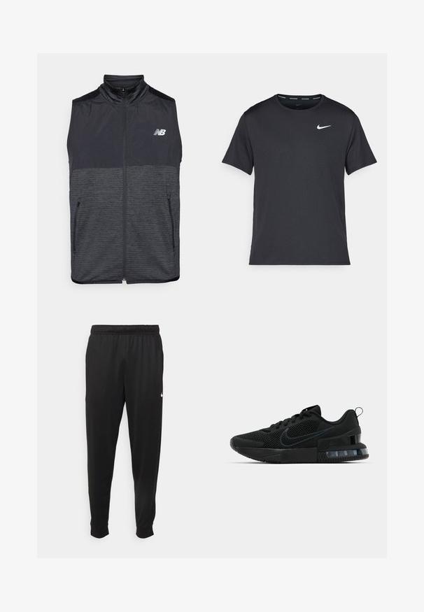 Colete sem mangas, preto e cinza escuro, com fecho de correr e gola alta, duas bolsos com fecho de correr e logótipo da New Balance em branco no lado esquerdo do peito.; T-shirt de corrida Nike preto, feito de material leve e respirável, com mangas curtas e um pequeno logo branco no peito.; Calças de desporto pretas feitas de tecido suave, com uma cintura elástica, pernas ajustadas e um pequeno logo branco no lado esquerdo.; Tênis esportivo Nike preto com parte superior em malha, sola de borracha, colarinho acolchoado e um distinto detalhe transparente no calcanhar.