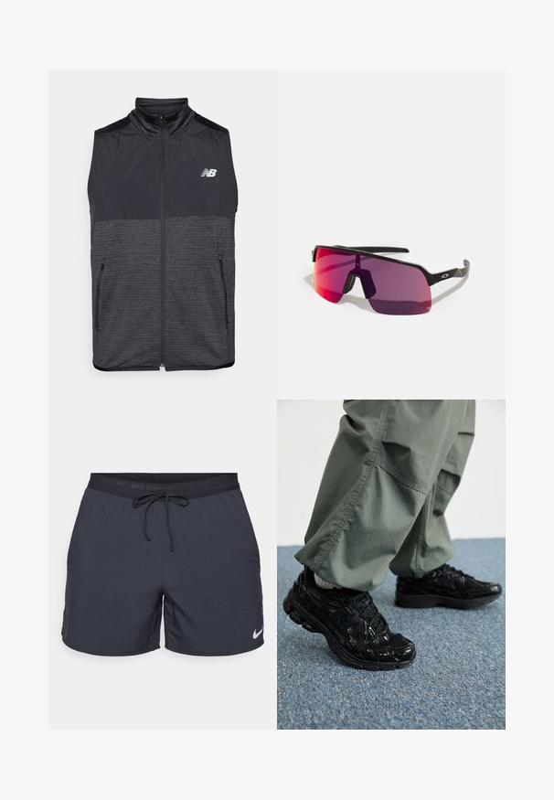 Colete sem mangas, preto e cinza escuro, com fecho de correr e gola alta, duas bolsos com fecho de correr e logótipo da New Balance em branco no lado esquerdo do peito.; Camisa de desporto preta de manga longa com zipper até o quarto e o logótipo branco da Nike no peito esquerdo, exibida sobre um fundo simples.; Calções de corrida Nike, cinza escuro, cintura elástica com cordão, bolsos laterais, tecido leve, apresentando um logo Nike branco na parte inferior da bainha.; Sapatilhas desportivas pretas com texturas brilhantes e de malha, apresentando uma sola grossa e atacadores, combinadas com calças cargo largas de cor verde-oliva.; Óculos de sol desportivos pretos com lentes em degradê de rosa a roxo e um design geométrico elegante. Apresenta um suporte nasal ajustável e um detalhe de logotipo na haste.