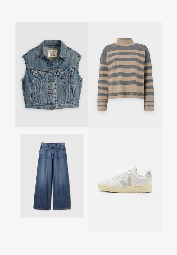 Világoskék farmermellény, nyakkal, elülső gombzárral, két gombos zsebből az mellkason és oldalzsebekkel. Láthatóan megviselt textura.; Csíkos kötött pulóver szürke és bézs színekkel, magas gallérral, széles mandzsettás ujjal és laza, rövidített fazonnal.; Széles lábú kék farmernadrág elhalványodott felülettel, gombos és cipzáras záródással, öt zsebbel és övhurkokkal.; Fehér bőr sneaker bézs velúr részletekkel, perforált orr résszel, lapos fűzőkkel és textúrált krémszínű talppal. Finom márkajelzés található a sarkán.